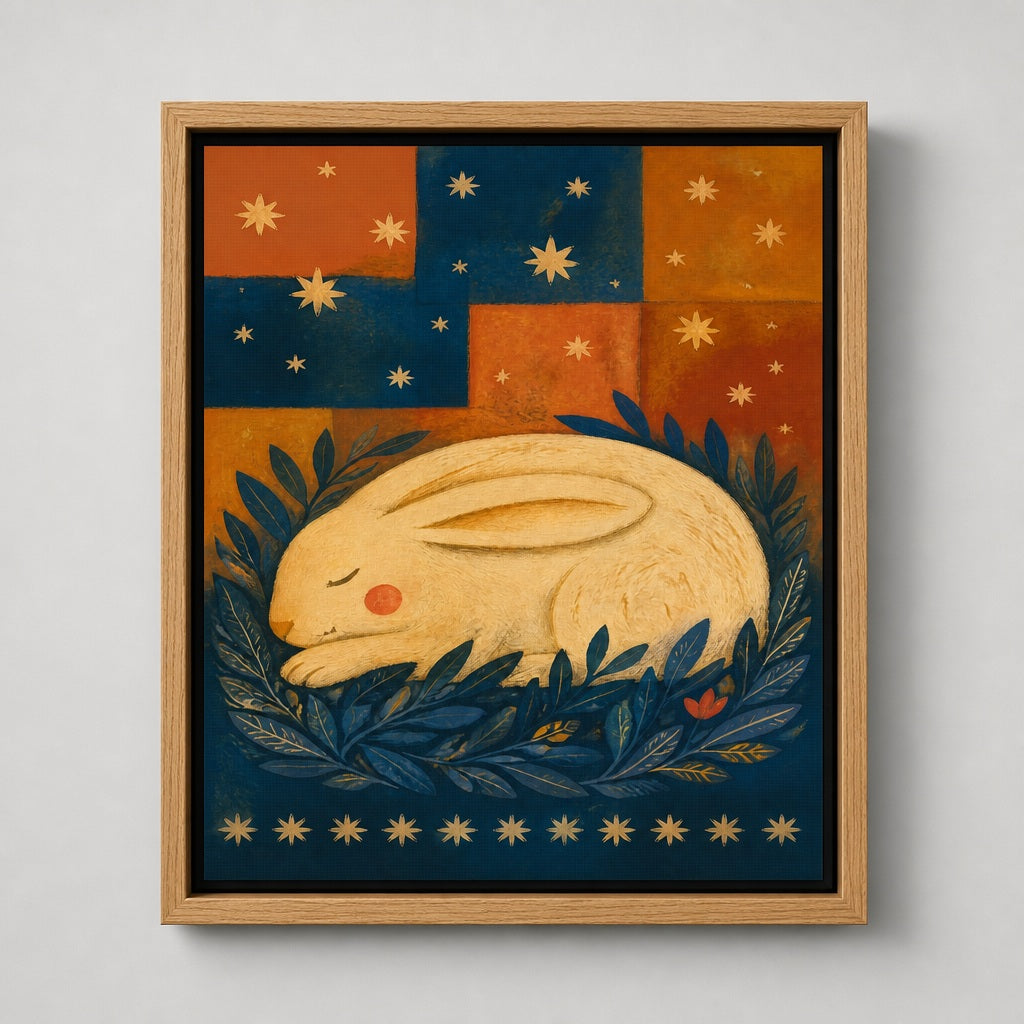 The Sleeping Hare folk art canvas in a natural light wood floater frame