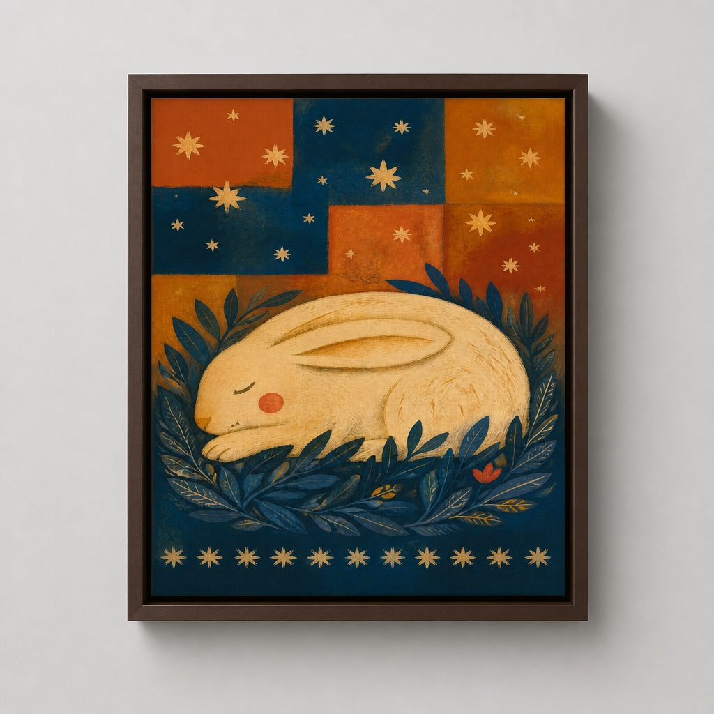The Sleeping Hare folk art canvas in a brown dark wood floater frame