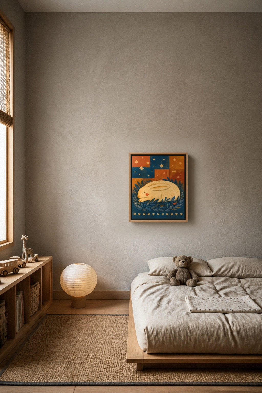 The Sleeping Hare canvas hanging in a nursery