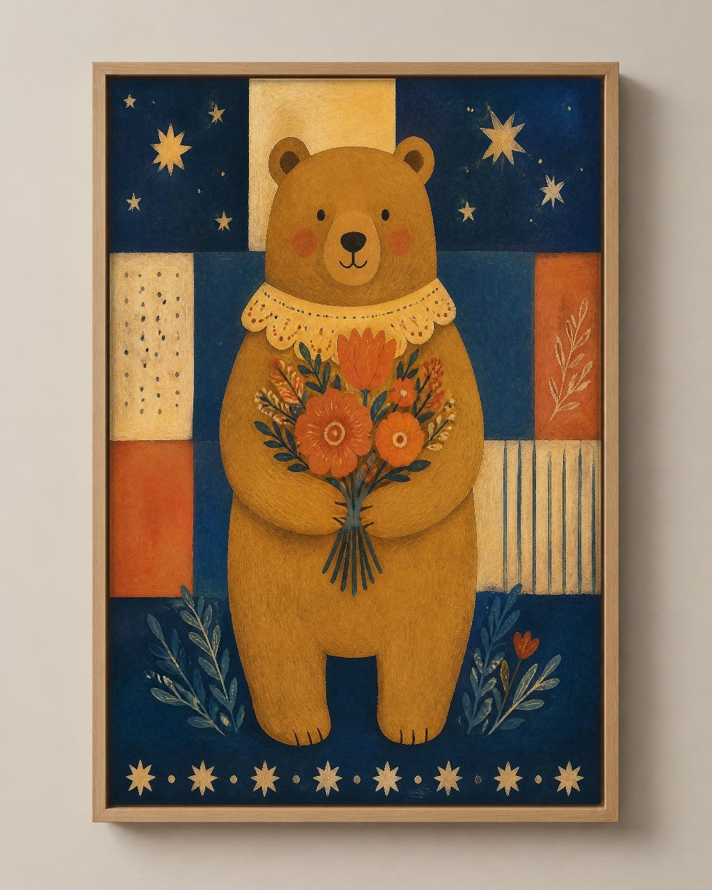 The Bear with Flowers folk art canvas in a natural wood floater frame, seen from the front