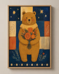 The Bear with Flowers folk art canvas in a natural wood floater frame, seen from the front