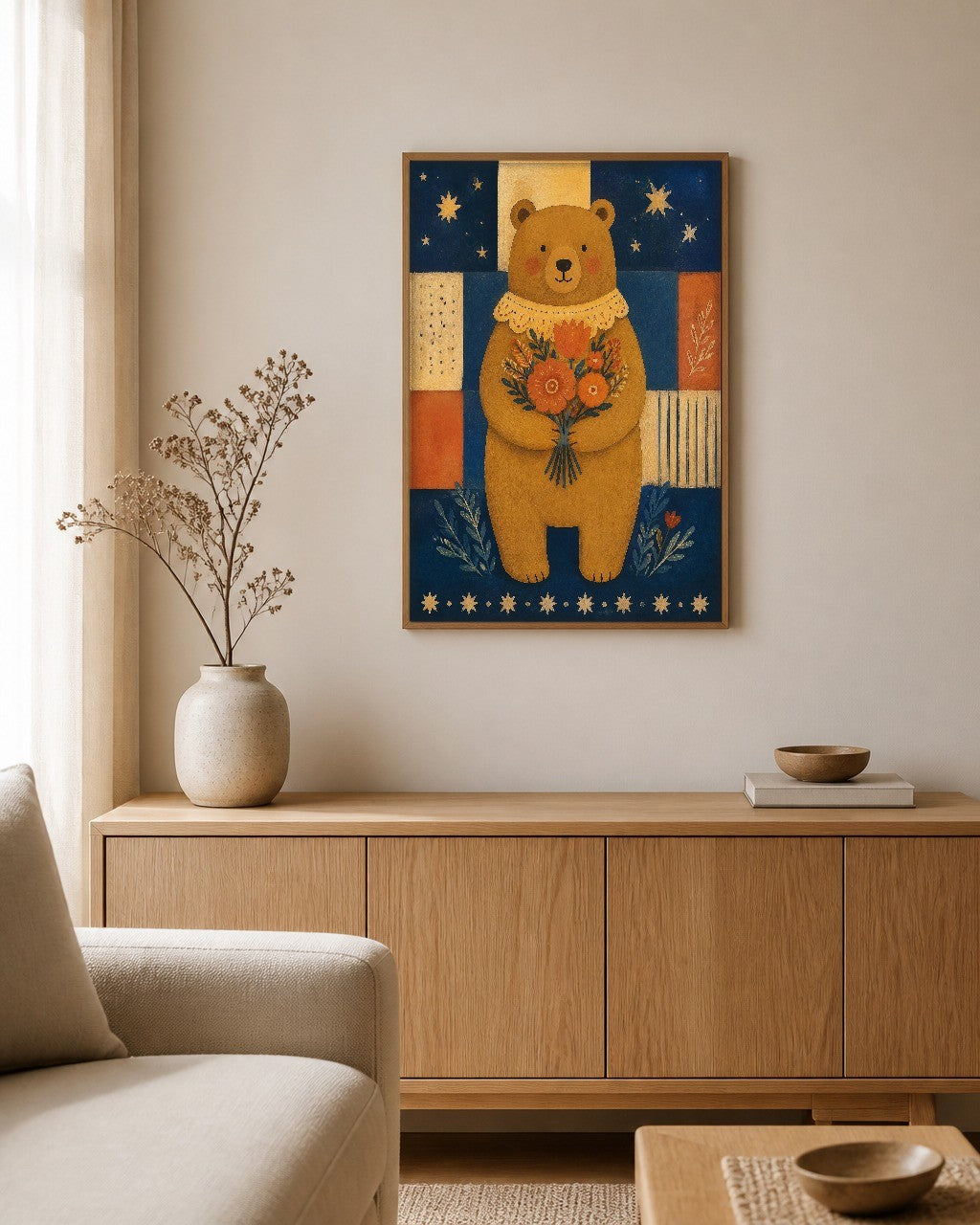 The Bear with Flowers framed canvas hanging on a calm nursery wall