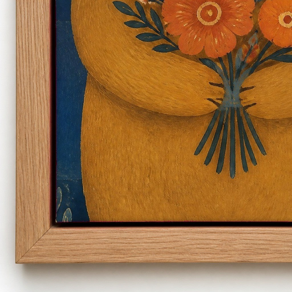 Close up of the natural wood floater frame and the cotton canvas texture