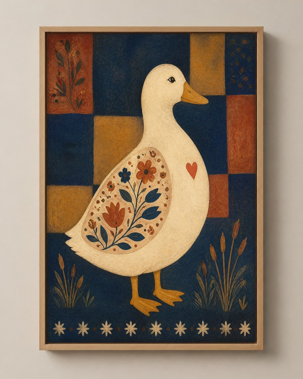The Folk Duck folk art canvas in a natural wood floater frame, seen from the front