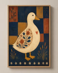 The Folk Duck folk art canvas in a natural wood floater frame, seen from the front