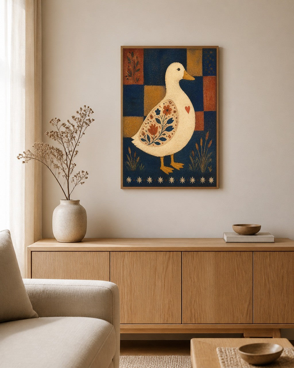 The Folk Duck framed canvas hanging on a calm nursery wall