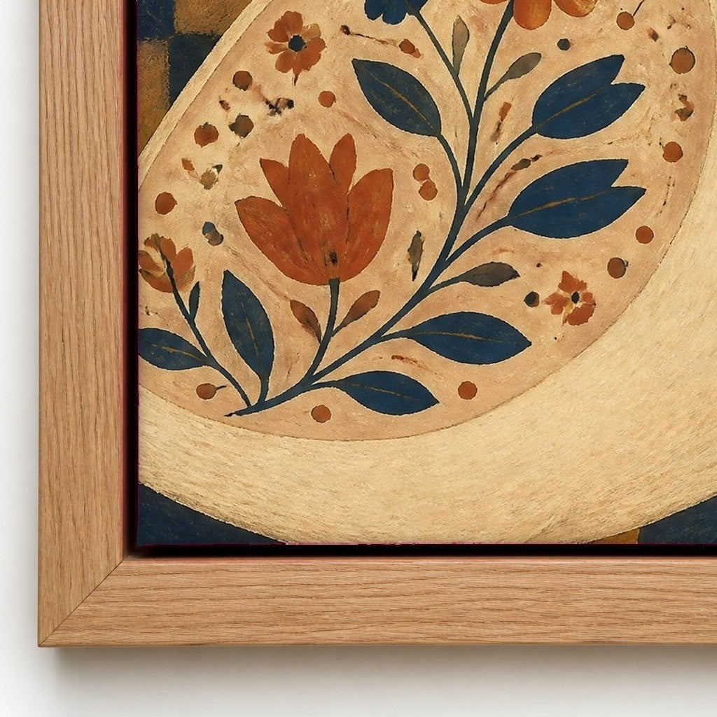 Close up of the natural wood floater frame and the cotton canvas texture