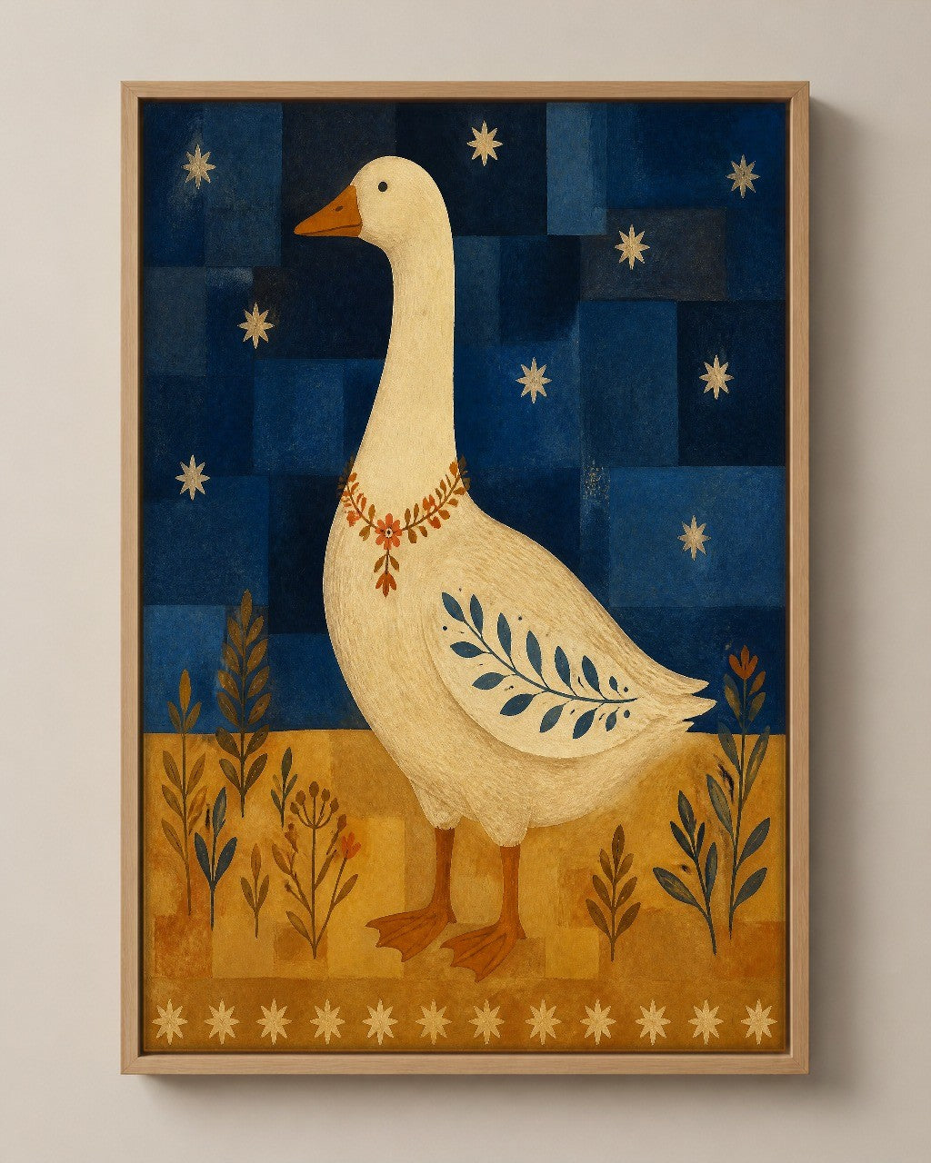 The Goose and the Garland folk art canvas in a natural wood floater frame, seen from the front