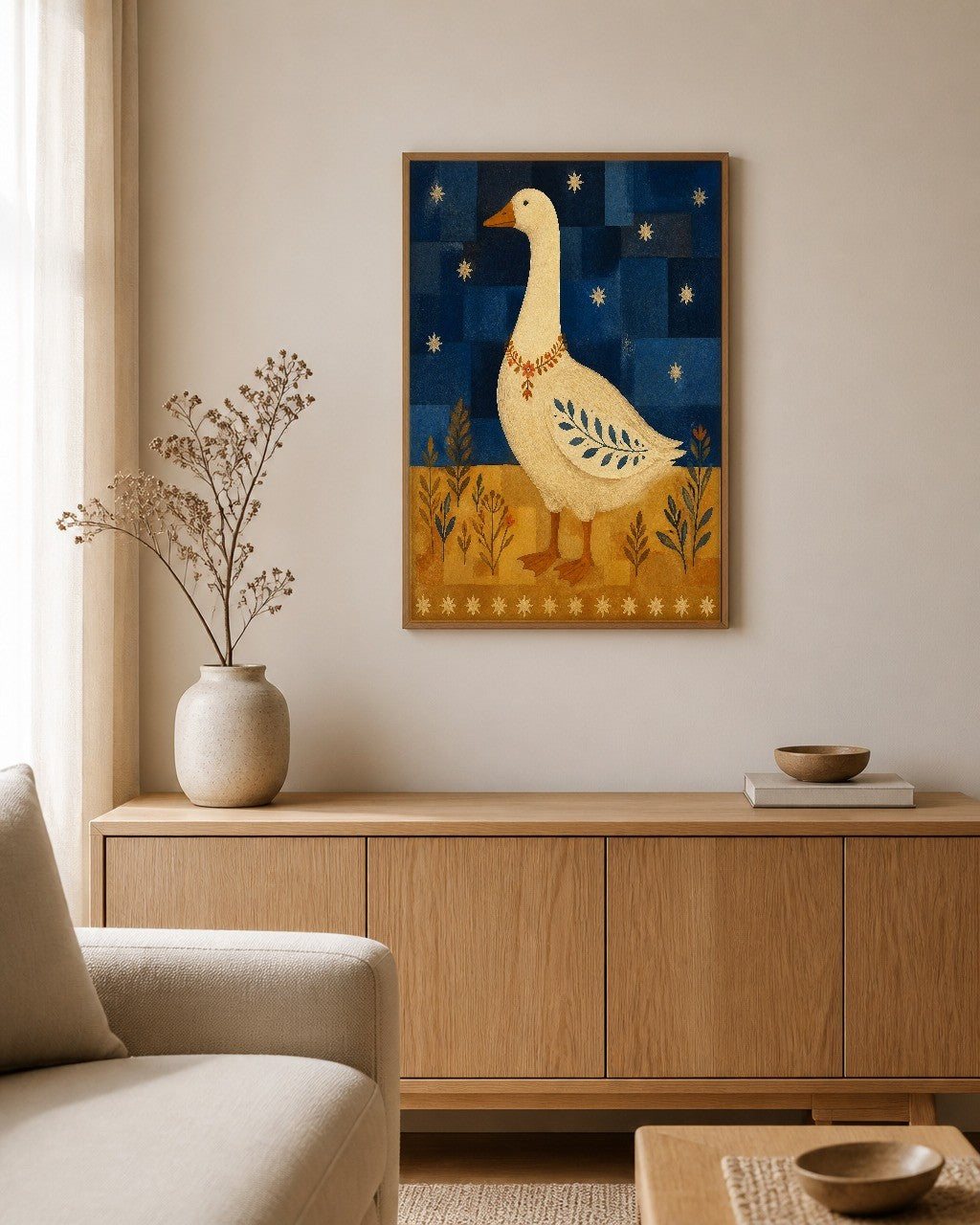 The Goose and the Garland framed canvas hanging on a calm nursery wall