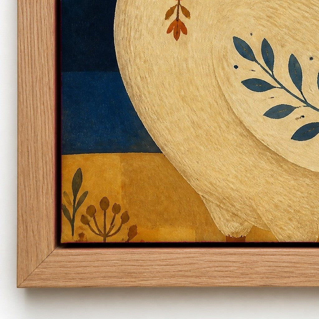 Close up of the natural wood floater frame and the cotton canvas texture