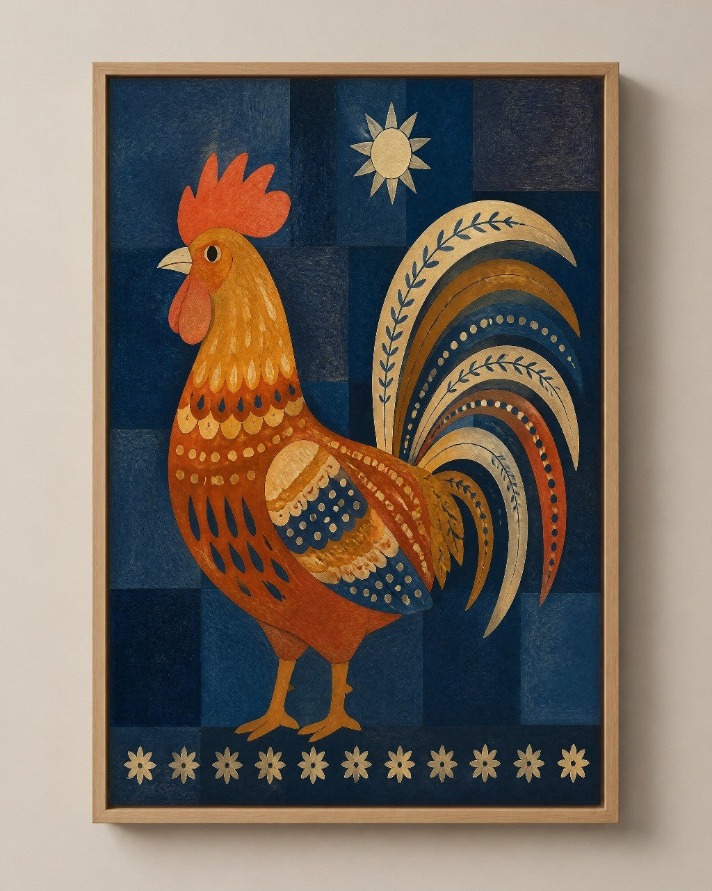 The Folk Rooster folk art canvas in a natural wood floater frame, seen from the front