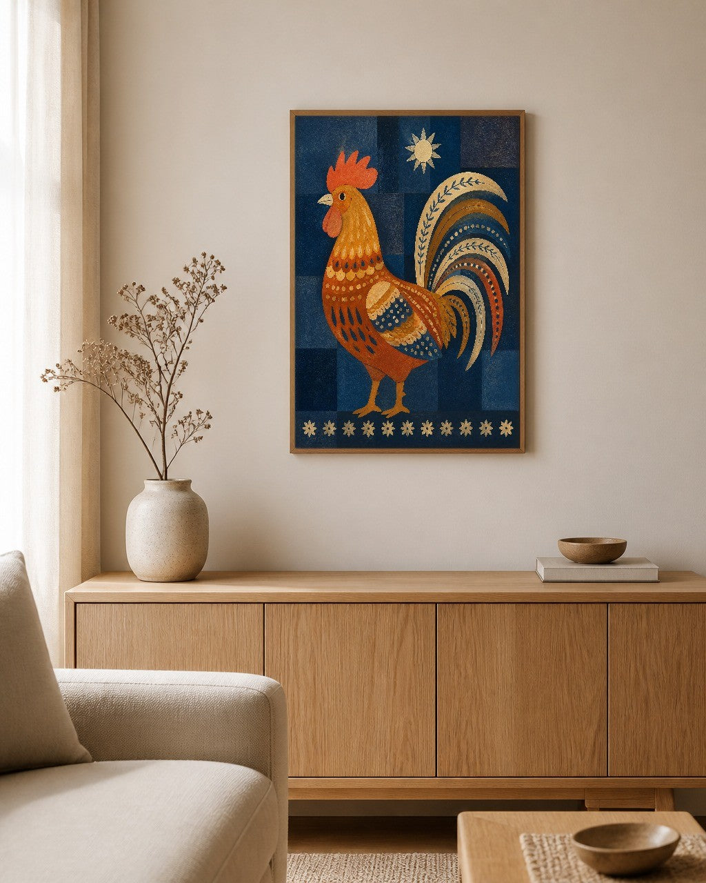 The Folk Rooster framed canvas hanging on a calm nursery wall