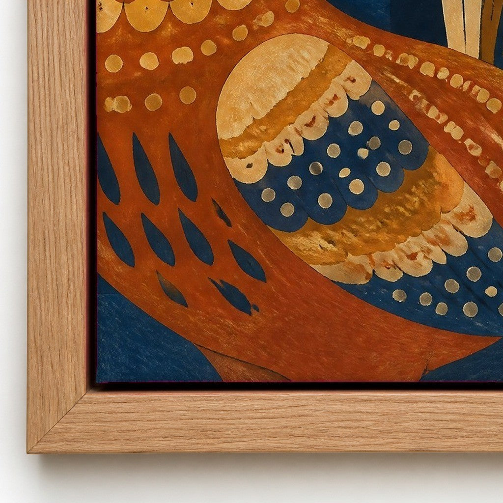 Close up of the natural wood floater frame and the cotton canvas texture