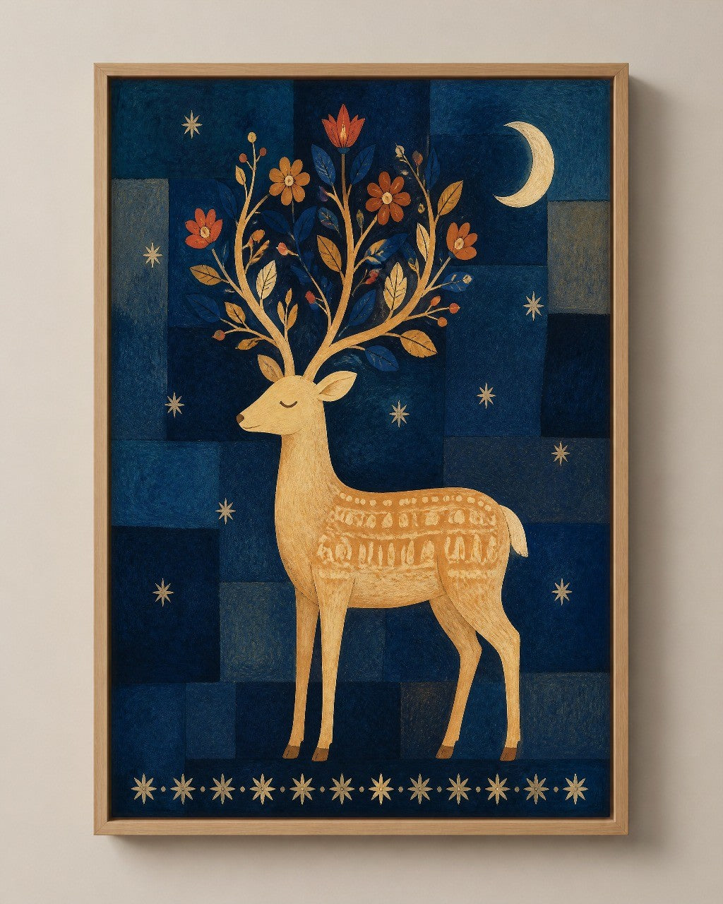The Deer with the Flowering Antlers folk art canvas in a natural wood floater frame, seen from the front