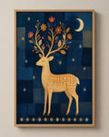 The Deer with the Flowering Antlers folk art canvas in a natural wood floater frame, seen from the front