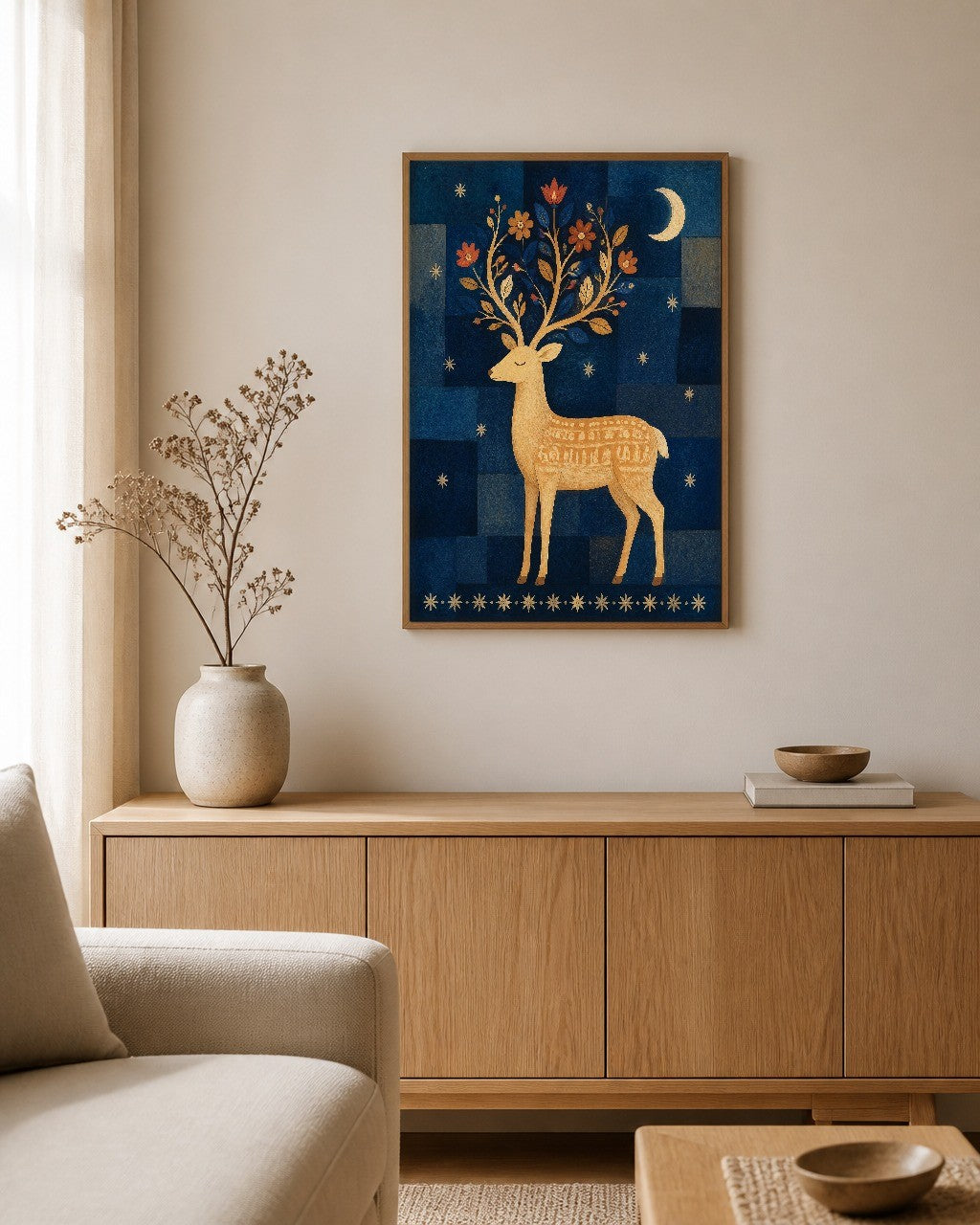 The Deer with the Flowering Antlers framed canvas hanging on a calm nursery wall