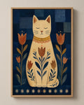 The Cat with Tulips folk art canvas in a natural wood floater frame, seen from the front