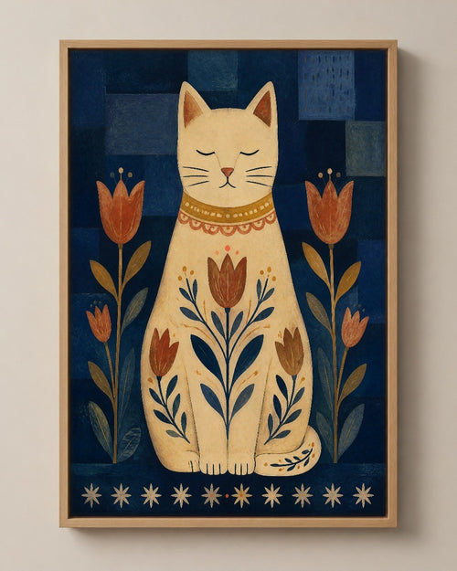 The Cat with Tulips folk art canvas in a natural wood floater frame, seen from the front