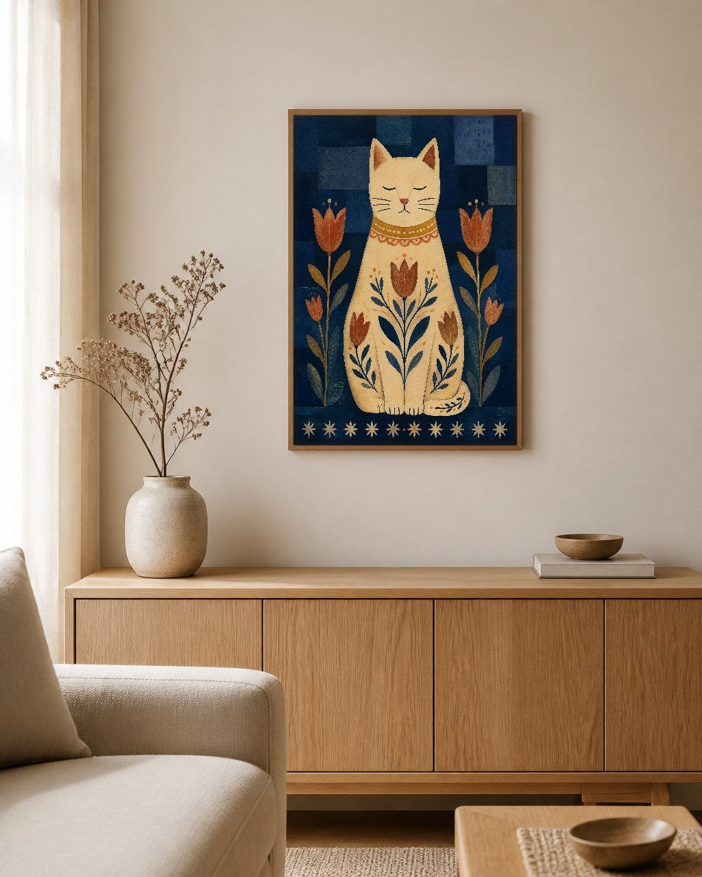 The Cat with Tulips framed canvas hanging on a calm nursery wall