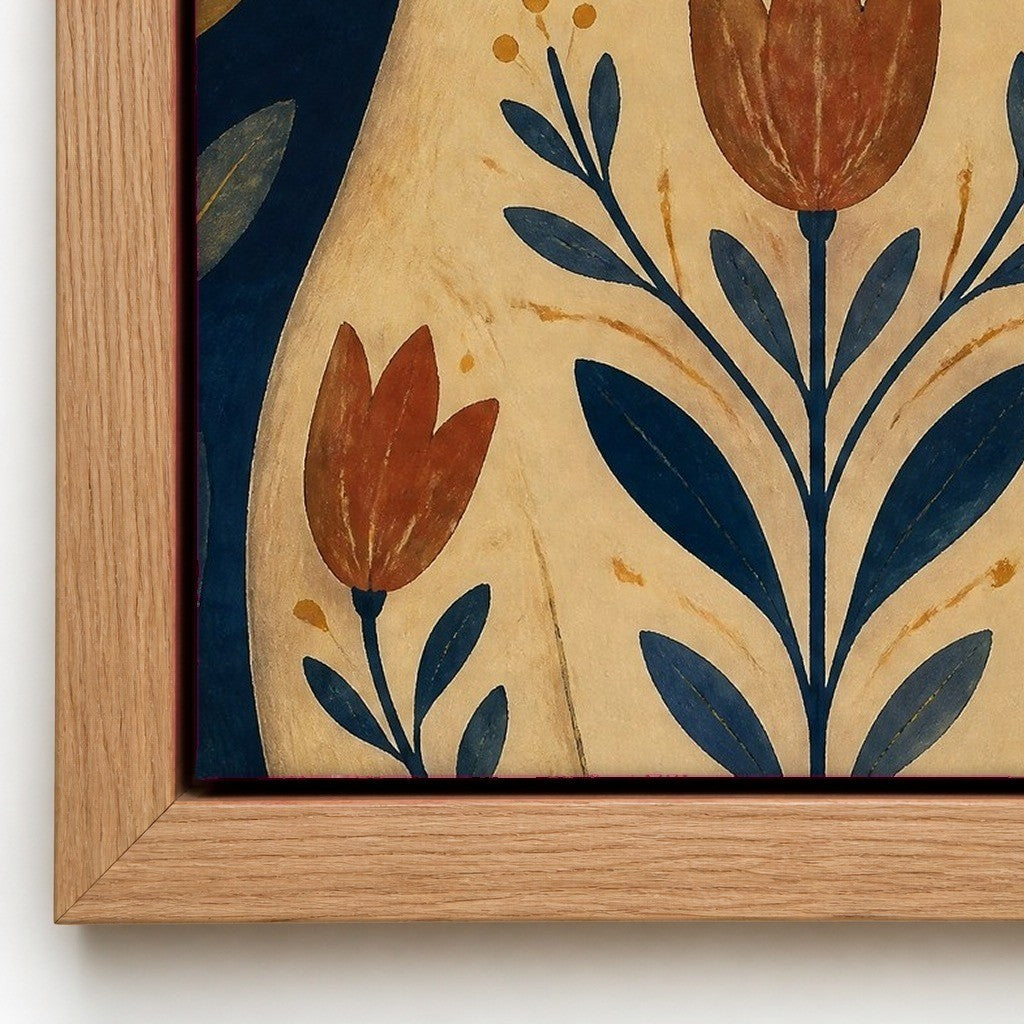 Close up of the natural wood floater frame and the cotton canvas texture