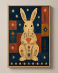 The Rabbit with a Heart folk art canvas in a natural wood floater frame, seen from the front