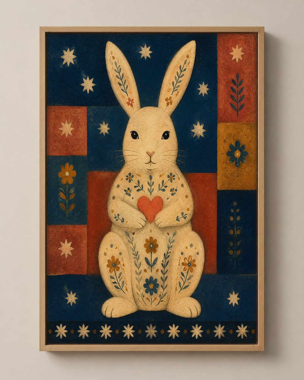 The Rabbit with a Heart folk art canvas in a natural wood floater frame, seen from the front