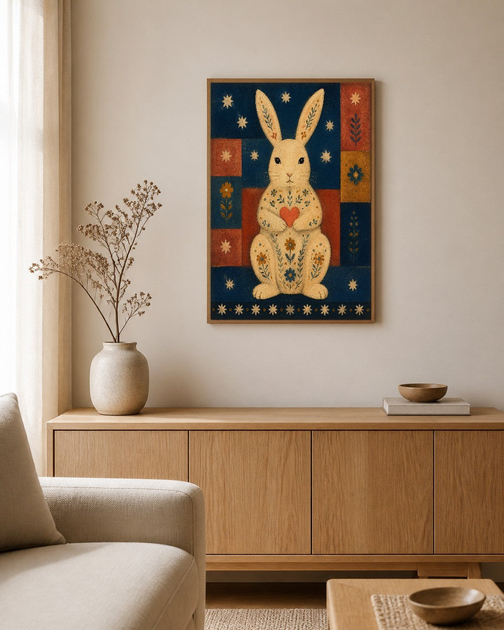 The Rabbit with a Heart framed canvas hanging on a calm nursery wall