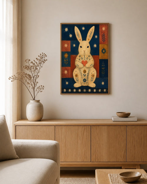 The Rabbit with a Heart framed canvas hanging on a calm nursery wall