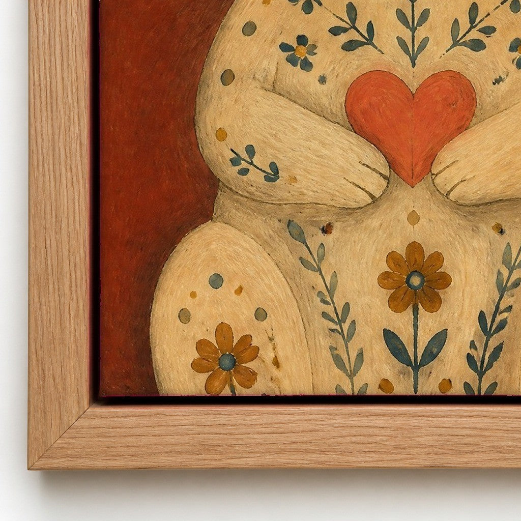 Close up of the natural wood floater frame and the cotton canvas texture