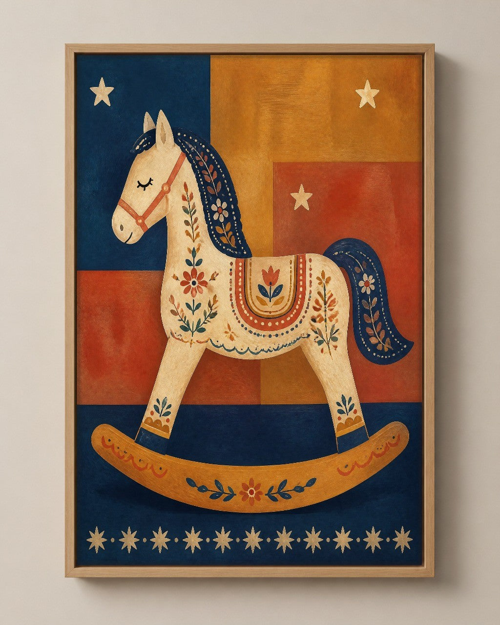 The Rocking Horse folk art canvas in a natural wood floater frame, seen from the front