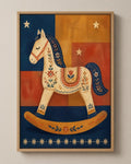The Rocking Horse folk art canvas in a natural wood floater frame, seen from the front