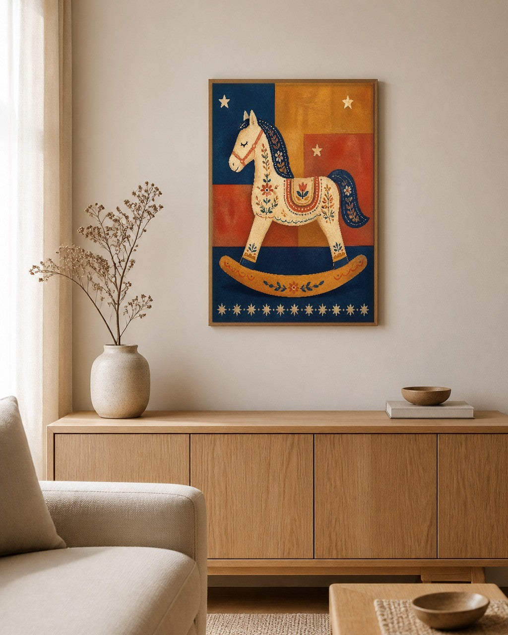 The Rocking Horse framed canvas hanging on a calm nursery wall