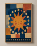 The Little Sun folk art canvas in a natural wood floater frame, seen from the front