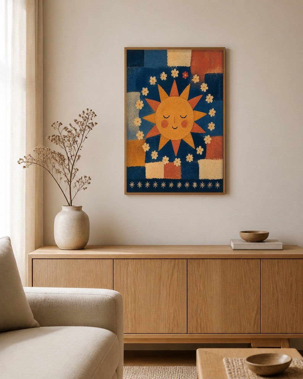 The Little Sun framed canvas hanging on a calm nursery wall