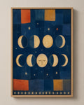 The Moon's Eight Nights moon phases canvas in a natural wood floater frame, seen from the front