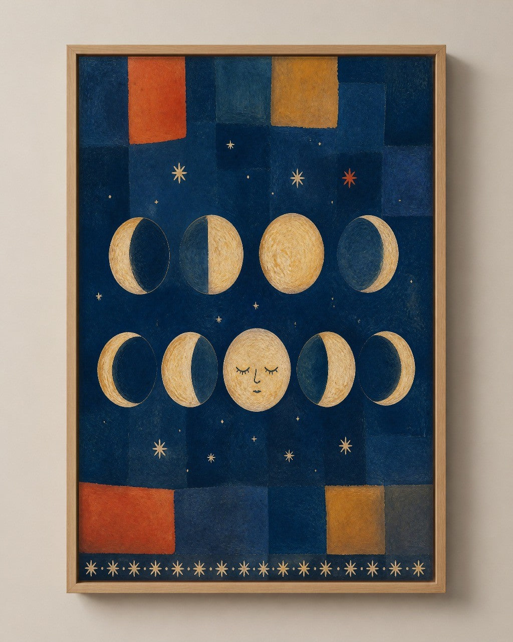 The Moon's Eight Nights moon phases canvas in a natural wood floater frame, seen from the front