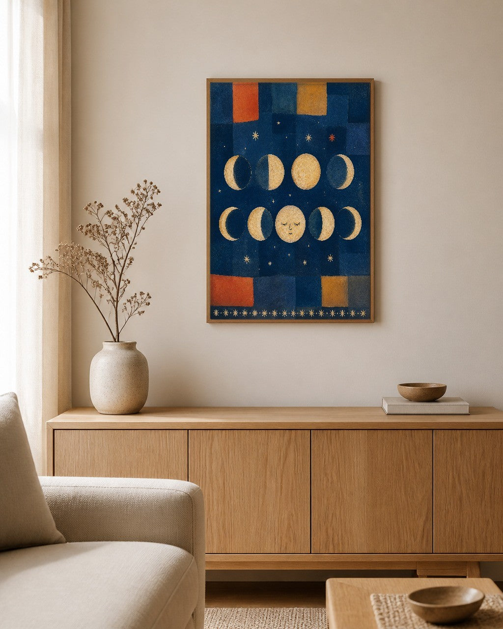 The Moon's Eight Nights framed canvas hanging on a calm nursery wall