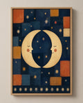 The Moon Sisters celestial folk art canvas in a natural wood floater frame, seen from the front