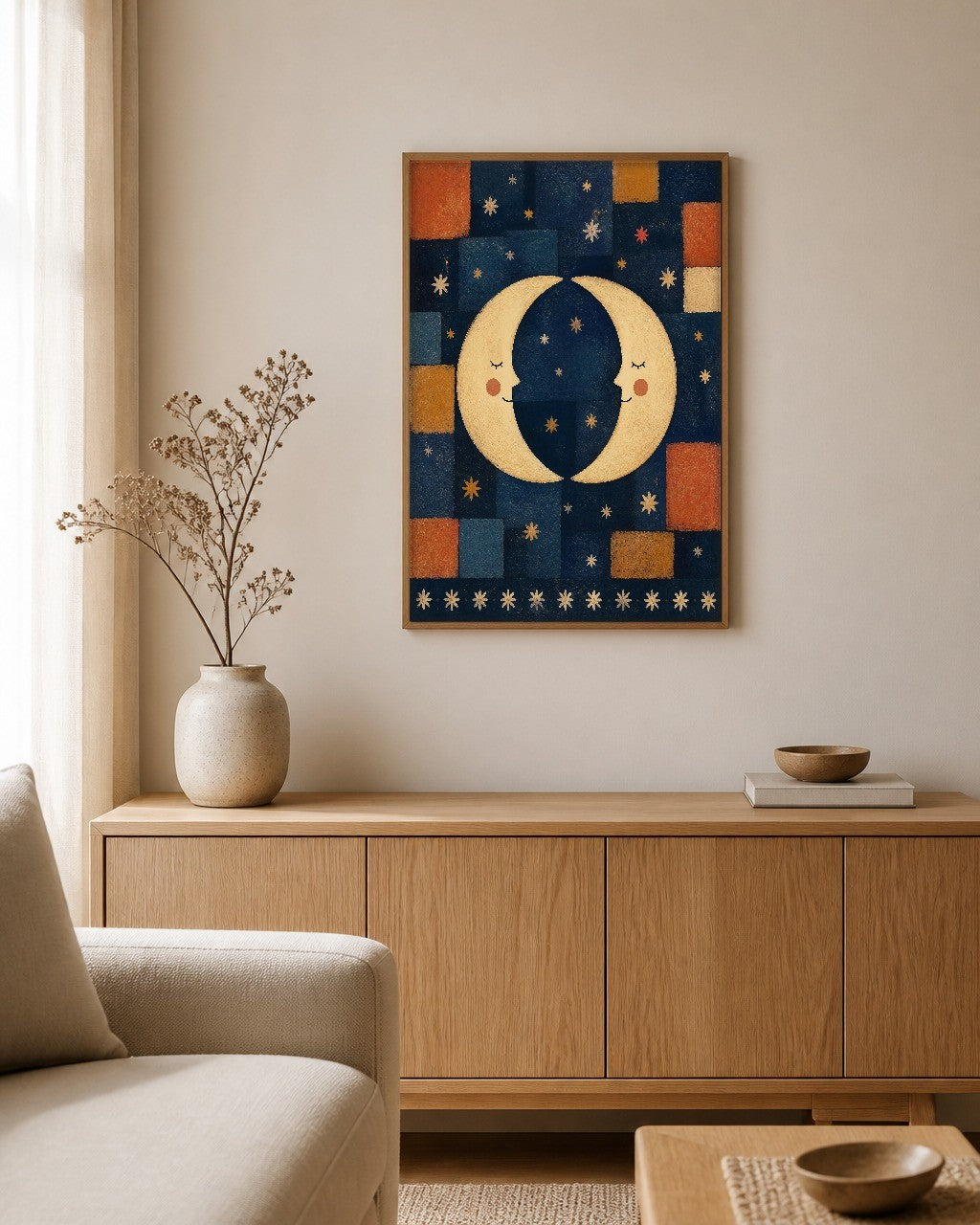 The Moon Sisters framed canvas hanging on a calm nursery wall