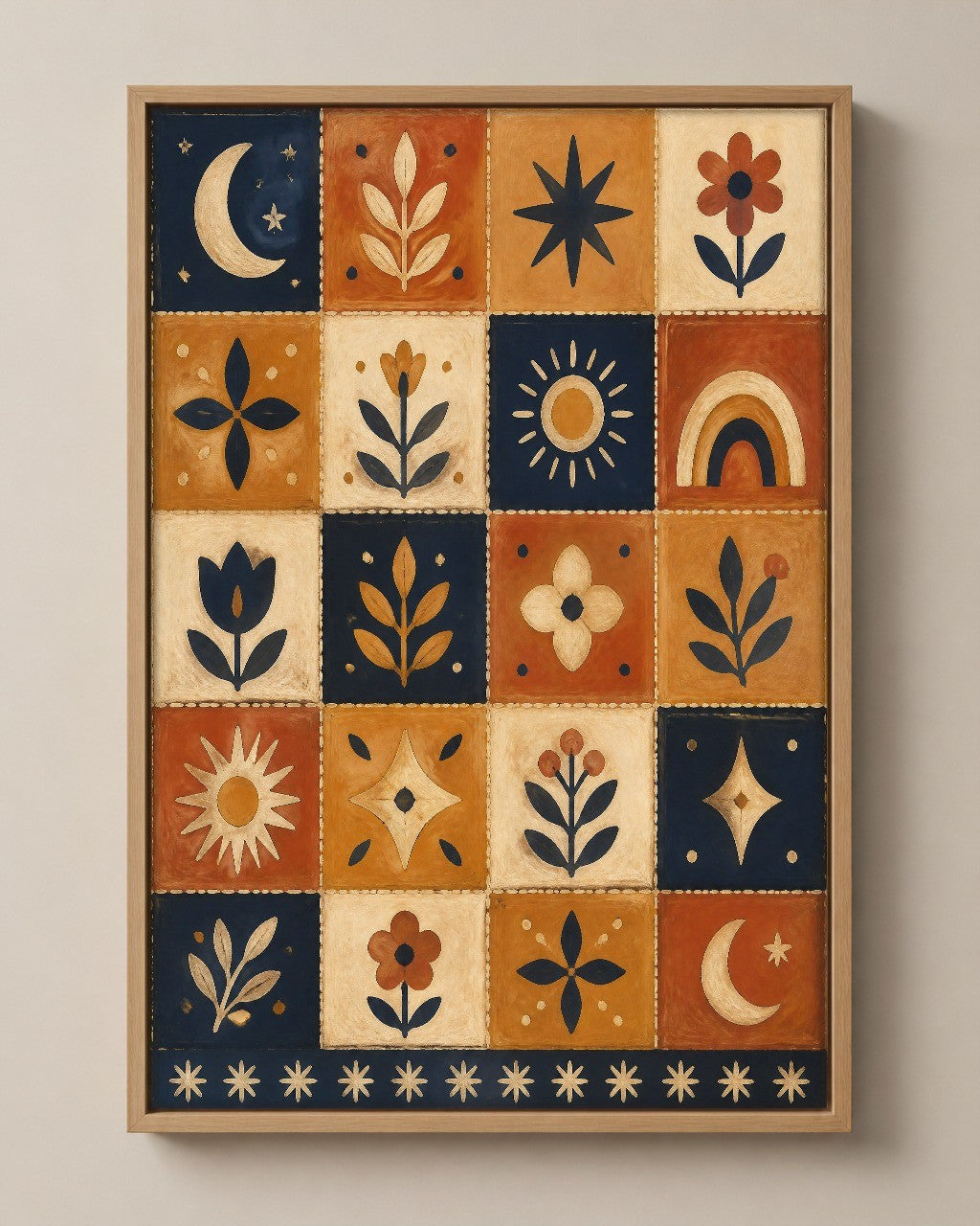 The Night Quilt patchwork folk art canvas in a natural wood floater frame, seen from the front