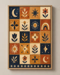 The Night Quilt patchwork folk art canvas in a natural wood floater frame, seen from the front
