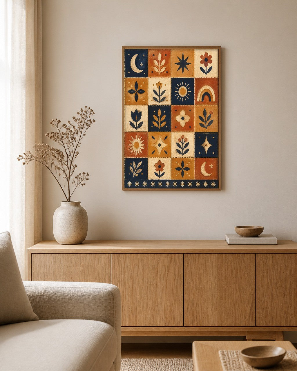 The Night Quilt framed canvas hanging on a calm nursery wall