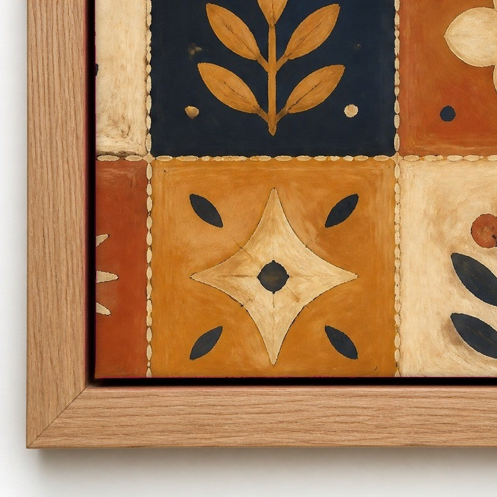 Close up of the natural wood floater frame and the cotton canvas texture