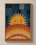 The Morning Sun folk art canvas in a natural wood floater frame, seen from the front