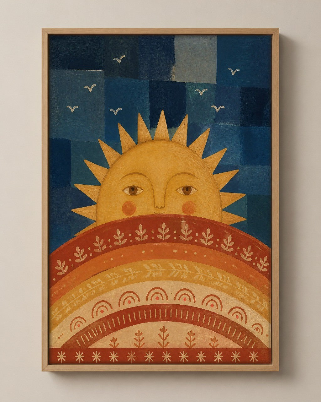 The Morning Sun folk art canvas in a natural wood floater frame, seen from the front