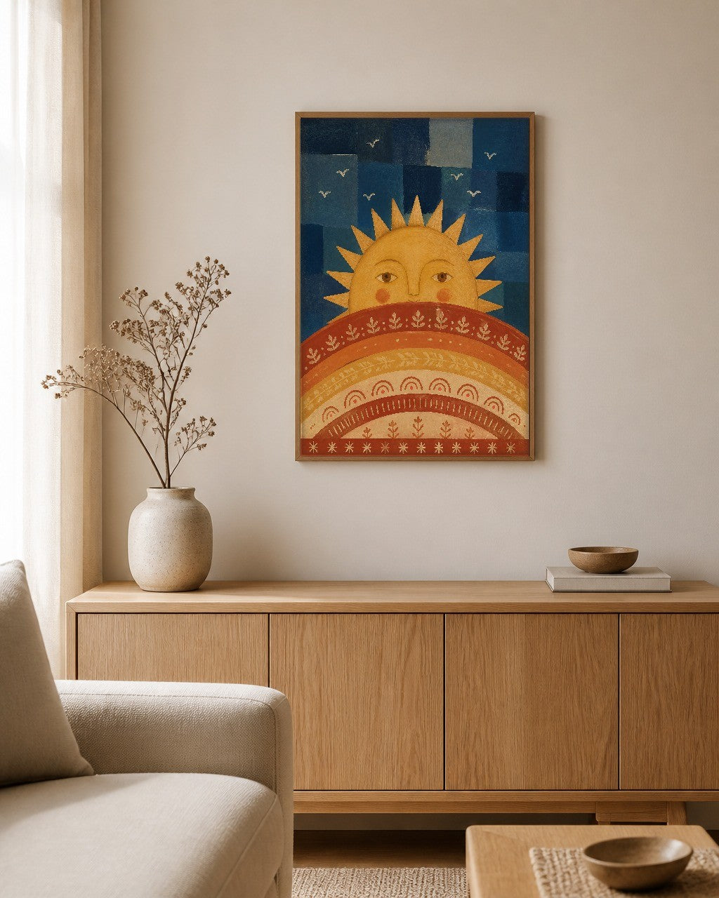 The Morning Sun framed canvas hanging on a calm nursery wall