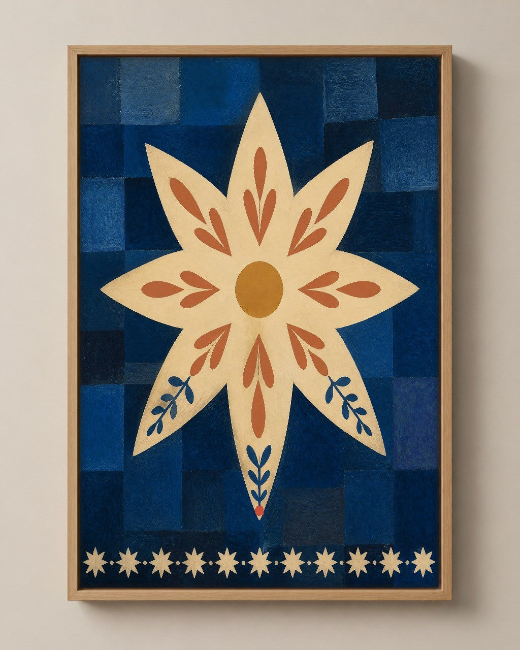 The Star Flower celestial folk art canvas in a natural wood floater frame, seen from the front