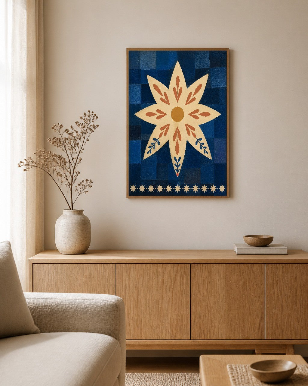 The Star Flower framed canvas hanging on a calm nursery wall
