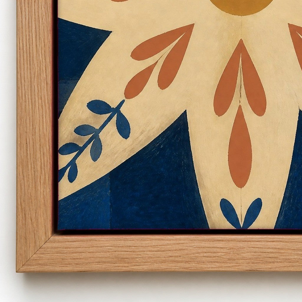 Close up of the natural wood floater frame and the cotton canvas texture
