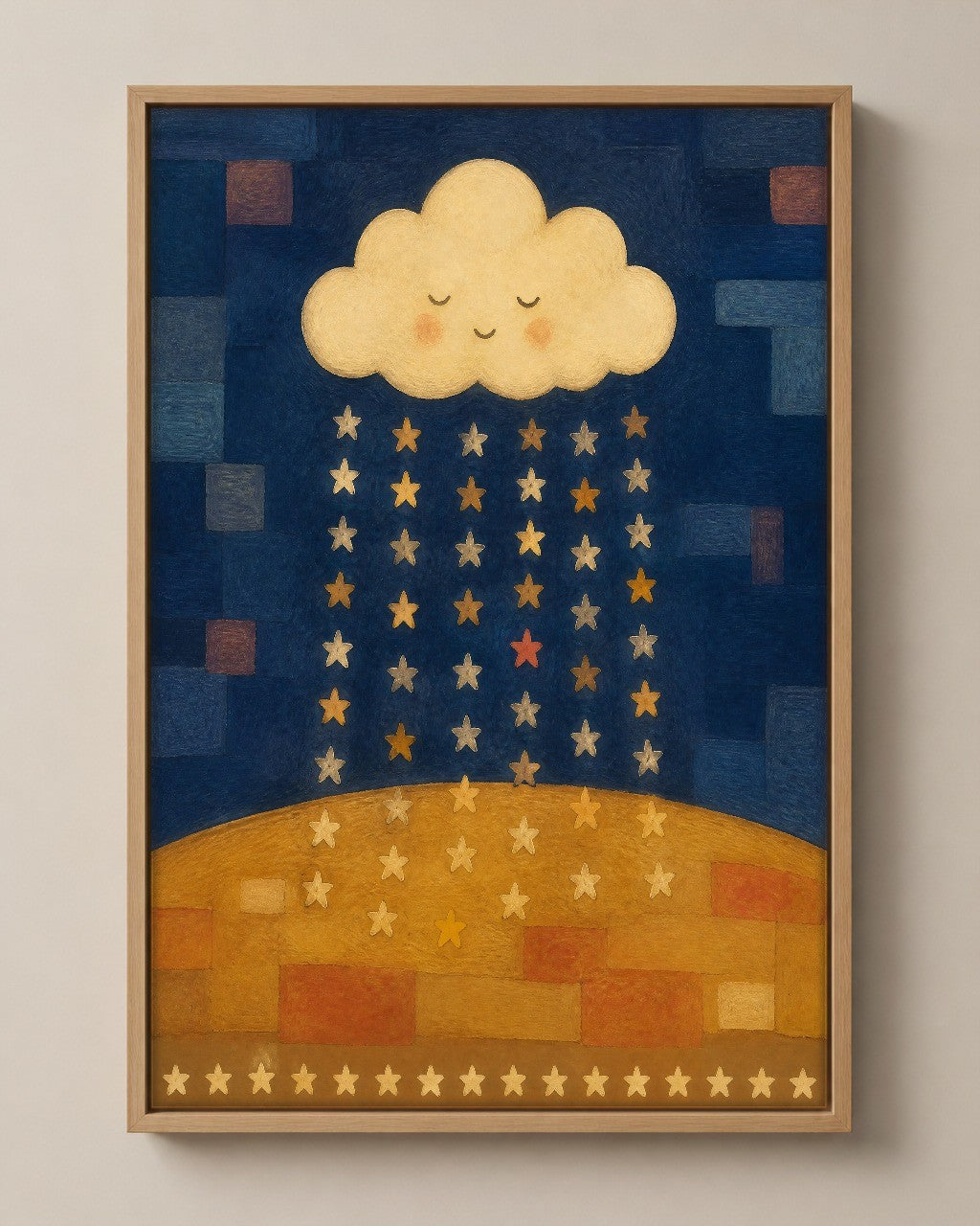 The Star Rain celestial folk art canvas in a natural wood floater frame, seen from the front